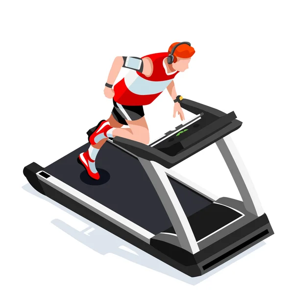 Treadmill Gym Class Working Out. Gym Equipment Treadmill Running White Man Athlete Runners Working Out Gym Class. 3D Flat Isometric Marathon Runners athlete training Vector Image. — Stock Vector