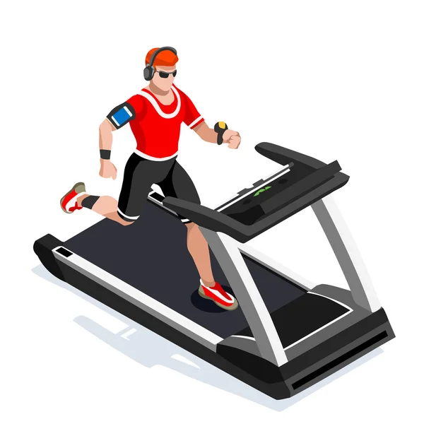 Loopband Gym Class trainen. Gym apparatuur loopband White Man Running atleet lopers trainen sportschool klasse. 3D flat isometrische Marathon lopers atleet opleiding vector afbeelding. — Stockvector