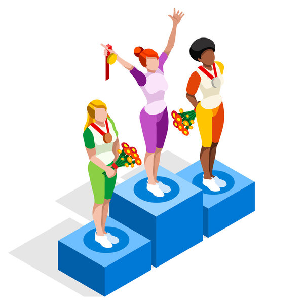 Winner Podium Sports Icon Set.Speed Concept.3D Isometric Athlete.Sporting Competition.Olympics Sport Infographic Winner Podium Vector Illustration.