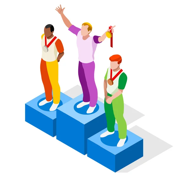 Vincitore Podium Sports Icon Set.Speed Concept.3D Isomric Athlete.Sporting Competition.Olympics Sport Infografica Vincitore Podium Vector Illustration . — Vettoriale Stock