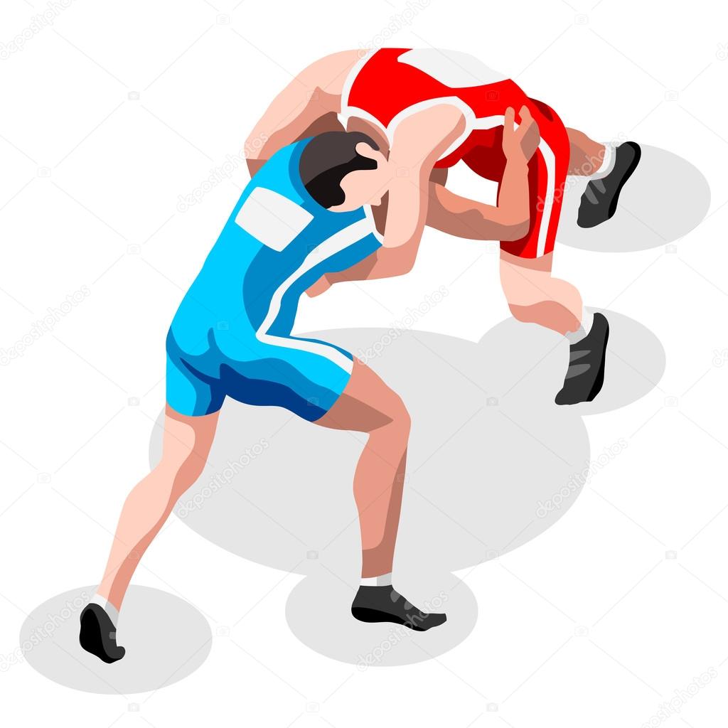Olympics Wrestling Freestyle Fight Summer Games Icon Set.3D Isometric Fighting Athletes.Olympics Sporting Championship International Wrestling Competition.Sport Infographic Freestyle Wrestling Vector Illustration