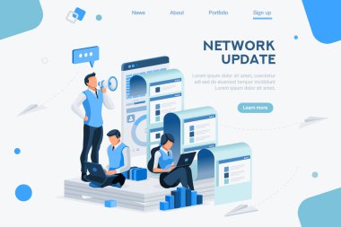 Hoparlörle İletişim için Seo Ajansı Blogu ya da Medya Yönetimi Mesajı olarak Megafon. Dijital Pazarlama, Takımlar için Sosyal Basın. Flat Isometric Concept Social Media Vector İllüstrasyonu.