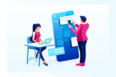 Akıllı telefondan dijital müşterilerle sohbet eden insanlar. Düz vektör çizimi karakterleri