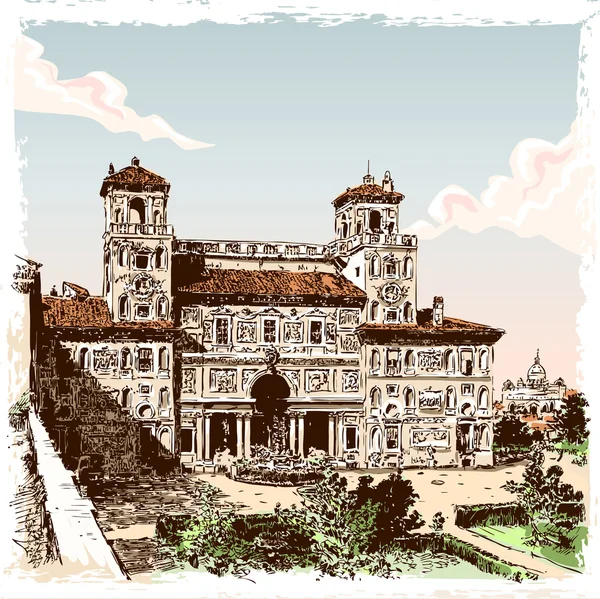 Villa Borghese, Roma vintage elle çizilmiş görünümü — Stok Vektör