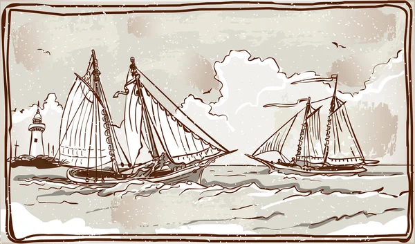 Vista Vintage de los barcos de vela en el mar — Vector de stock