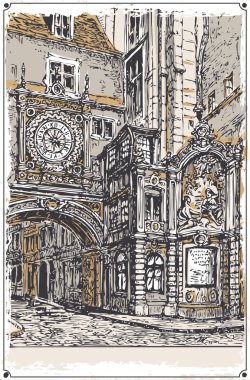 Vintage görünümü, Gros Horloge sokak, Rouen