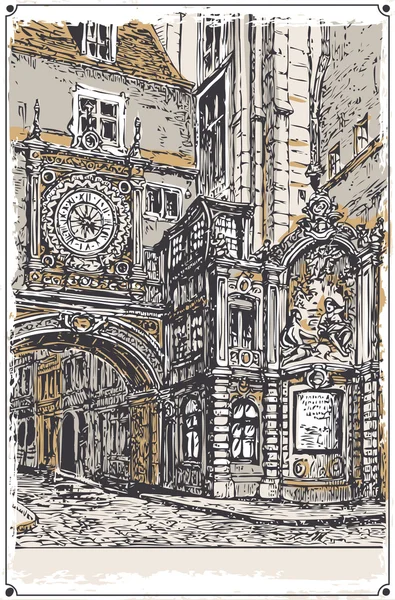 Vista Vintage de la calle Gros Horloge, Rouen — Vector de stock