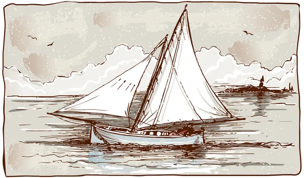 Vista Vintage de los barcos de vela en el mar — Vector de stock