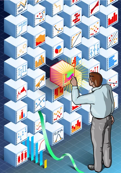 Isometrische Infografik mit stehendem Mann an der Statistikwand — Stockvektor