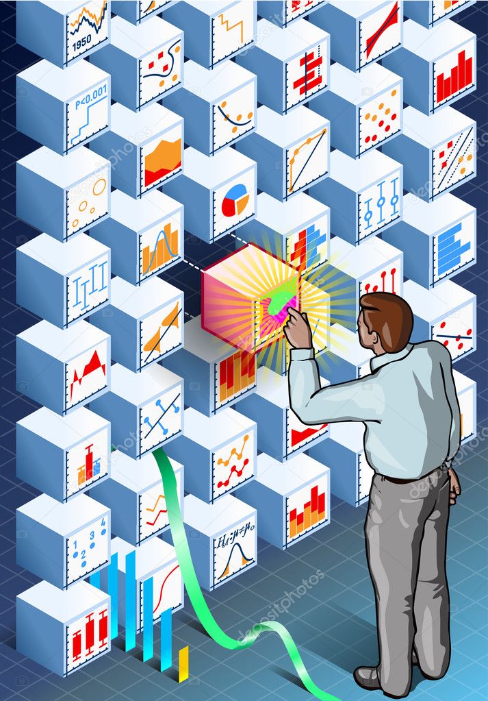 Isometric Infographic with Standing Man on Statistics Wall