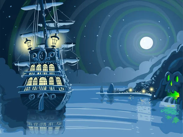 Detaillierte Illustration einer nächtlichen Abenteuerinsel mit Anker einer Piratengaleone — Stockillustration Nächtliche Abenteuerinsel mit Piratengaleone vor Anker — Stockvektor