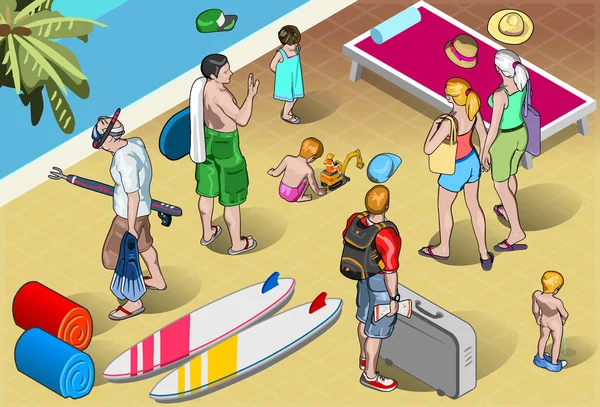 Isometrisk turister bemannar uppsättning på Resort — Stock vektor