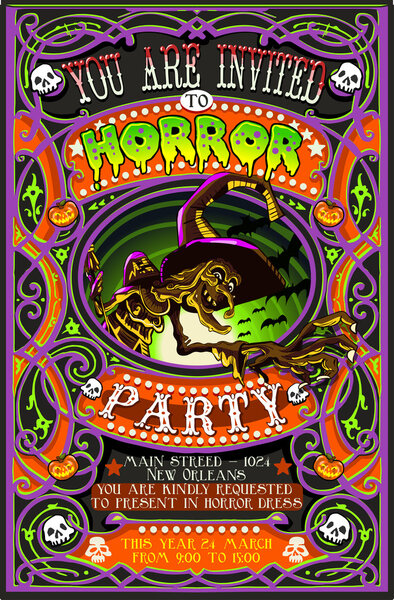 Poster Invite for Halloween Party with Witch