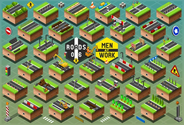 Isometric Road Signs Set on Green Terrain — Stock Illustration Isometric Road Signs Set on Green Terrain Vector Graphics