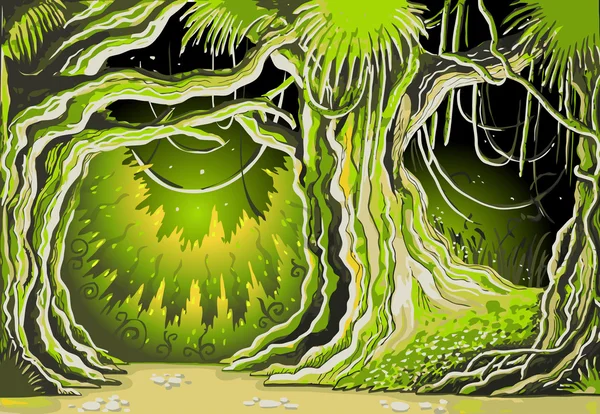 Detaillierte Illustration eines märchenhaften Waldhintergrunds — Stockillustration Magische Geschichte Wald Hintergrund — Stockvektor