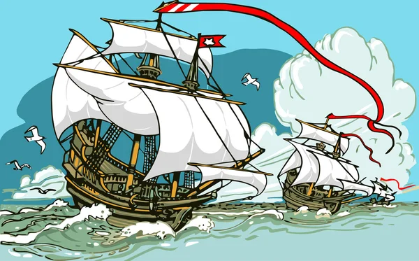 Stora upptäckter - tre gallioner segling — Stock vektor