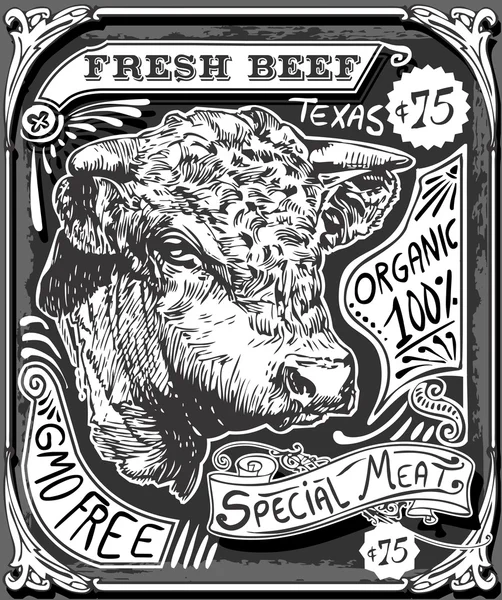 黑板上的老式牛肉广告宣传页 — 图库矢量图片
