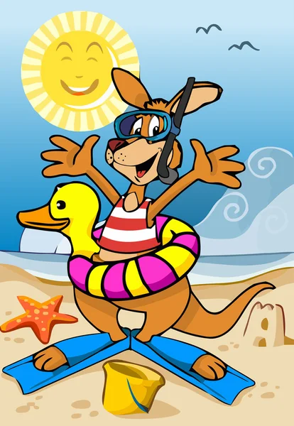Desenhos animados canguru feliz na praia — Vetor de Stock