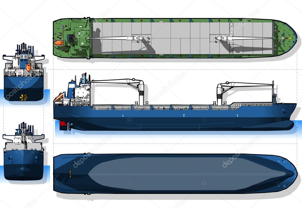 Orthogonal Blue Print of a Cargo Ship