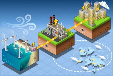 İzometrik Infographic yel değirmeni Offshore yenilenebilir enerji diyagramı