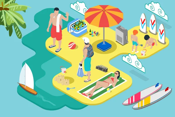 Izometrikus Beach Life - nyári üdülés koncepció — Stock Vector