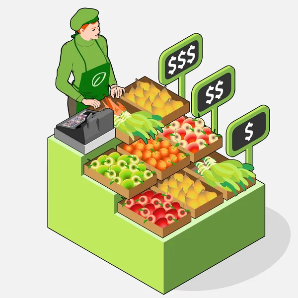 Magasin Isometric Greengrocer - Femme propriétaire - Vue de face debout P — Image vectorielle