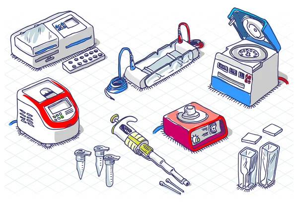 Isometrische Sketch - moleculaire biologie - laboratorium Set — Stockvector