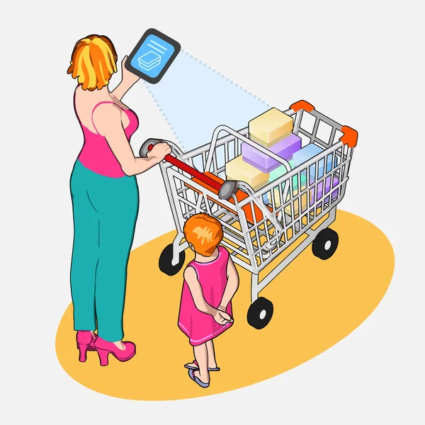 Internet Isométrica das Coisas - Mulher com carrinho de compras completo e —  Vetores de Stock