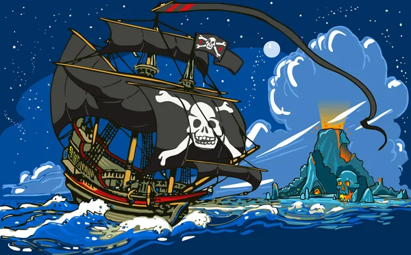 Abenteuerzeit - Piratenschiff segelt zur Totenkopf-Insel — Stockillustration Piratenschiff segelt zur Totenkopf-Insel — Stockvektor