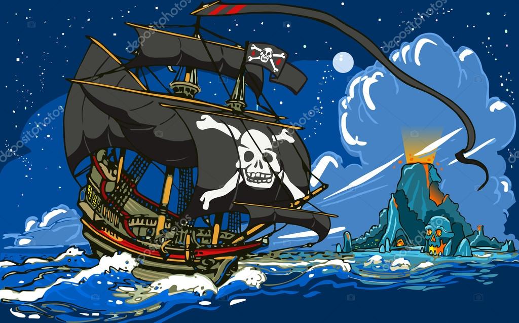 Herunterladen - Abenteuerzeit - Piratenschiff segelt zur Totenkopf-Insel — Stockillustration Piratenschiff segelt zur Totenkopf-Insel — Stockvektor