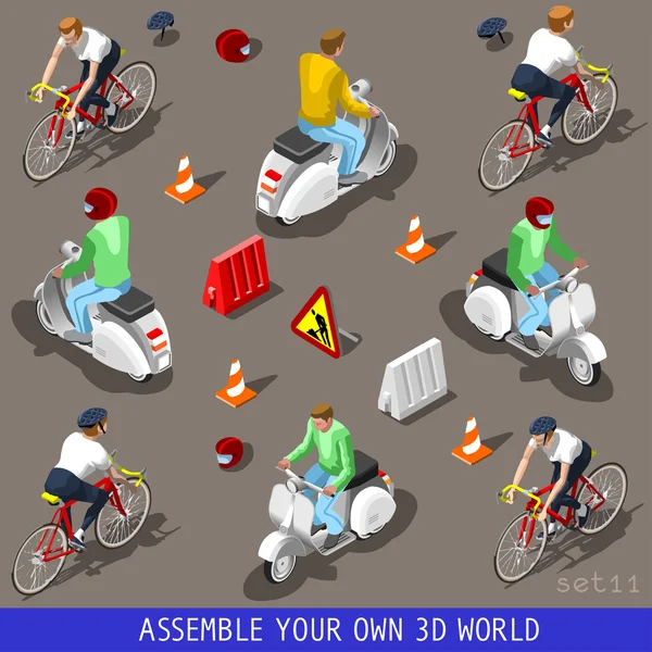 Ensemble de vélo de scooter de véhicule 3D plat isométrique — Image vectorielle