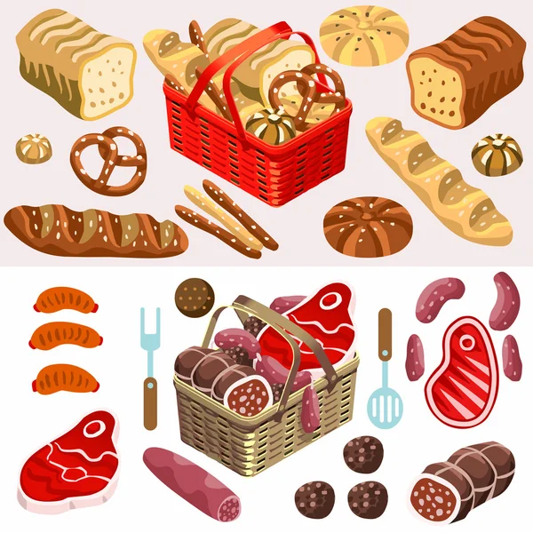 Conjunto de alimentos Carne e pão Isométrico —  Vetores de Stock
