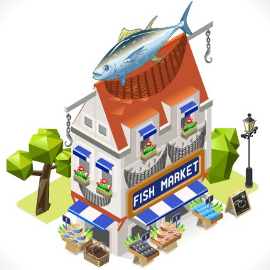 Fishmonger Shop City Building 3D Isometric