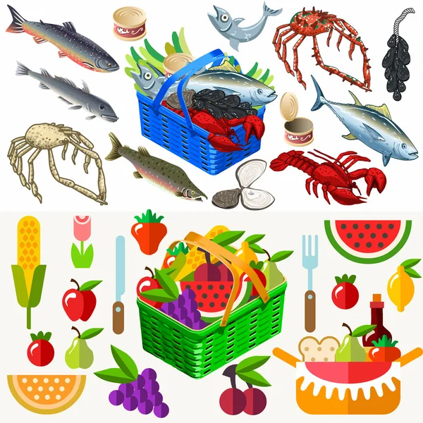 Juego de alimentos Pescado y Verduras 3D Isométrico — Vector de stock