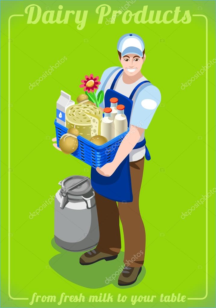 Dairy Man Natural Fresh Food Dairy Products Company Logo. People Unique Isometric Realistic Poses. NEW bright palette 3D Flat Vector Icon Set. Farming Collection Mockup Template