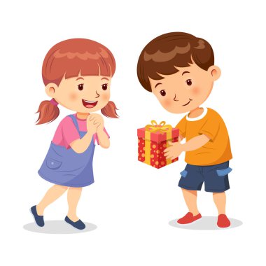 Oğlan hediye verdiğinde mutlu gülümseyen kız. Doğum günü, Noel, Yeni Yıl ve festivaller için hediye verin. Çizgi karakter vektörü.