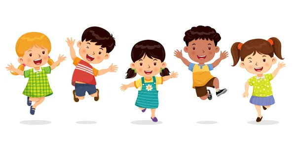 Nette Jungen Und Mädchen Springen Mit Freude Und Spaß Zeichentrickcharaktervektor — Stockvektor