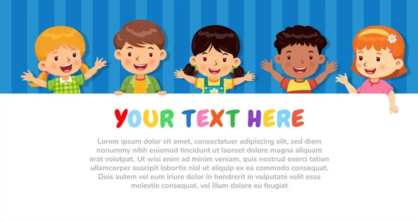 Renkli Arka Planda Gülümseyen Bir Grup Çocuk Posteri Mesajının Numunesiyle — Stok Vektör