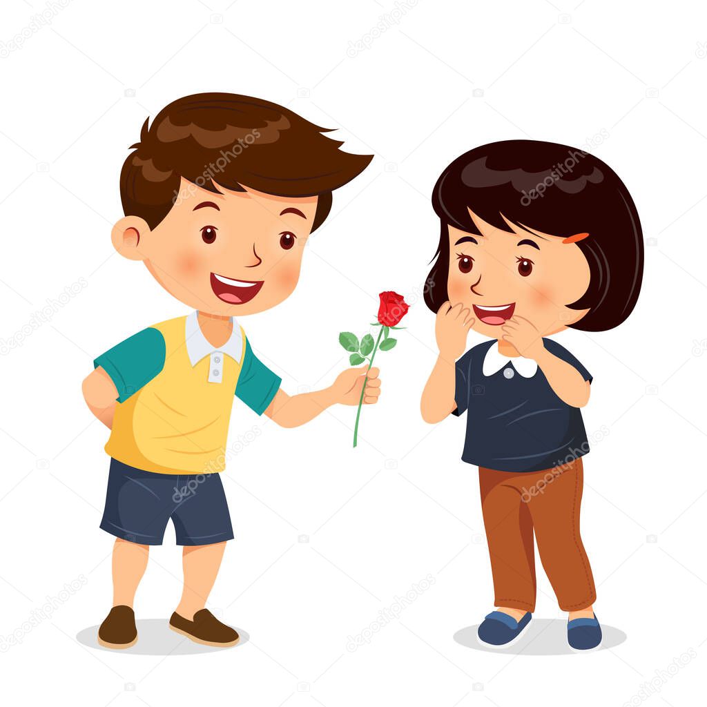 Boy give rose to girl. Give flowers on valentines day, birthday. Cartoon character vector