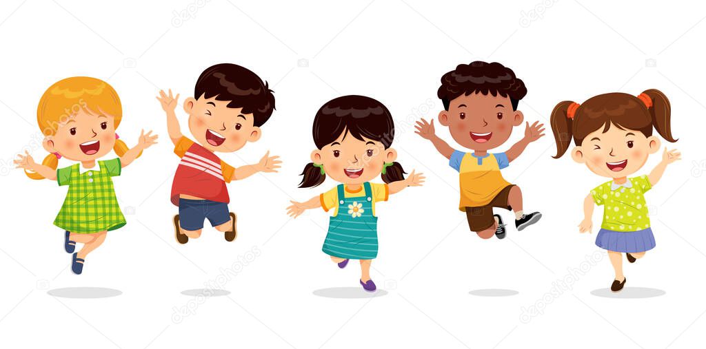Cute boys and girls jumping with joy and fun. Cartoon character vector