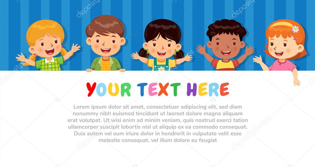 Group of kids smiling on color background. Show poster with sample of your text. Vector illustration