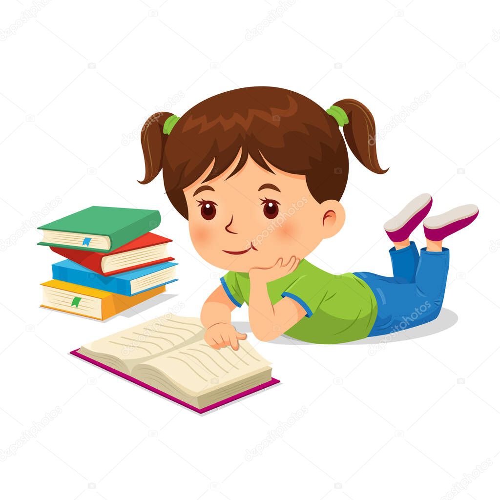 Vector Illustration of happy girl reading a book