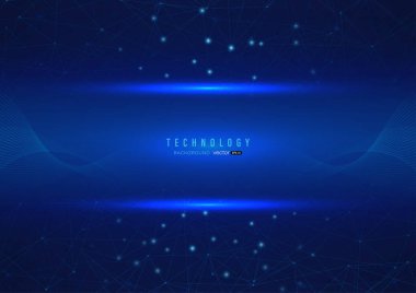 Koyu mavi arkaplan çizimi üzerinde nokta, dalga hareketi ve ışık ile bağlantılı dijital teknoloji