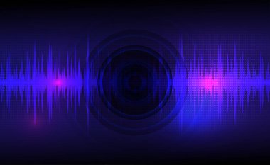 Ses dalgaları dalgalanan koyu mavi ve açık pembe daire titreşimli, nokta desenli. Soyut teknoloji geçmişi. Vektör illüstrasyonu.