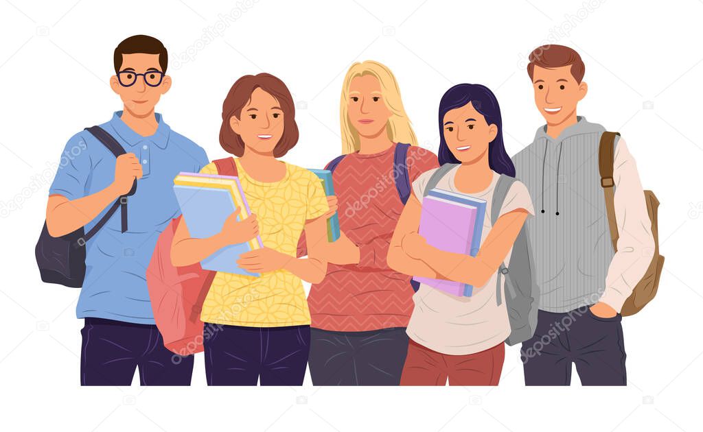 Group of young girls and boys students holding books on white background. Happy teenager in casual clothes. Vector illustration