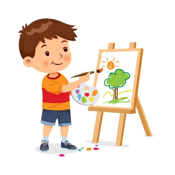 Lindo Niño Feliz Haciendo Arte Ilustración Vectorial — Vector de stock