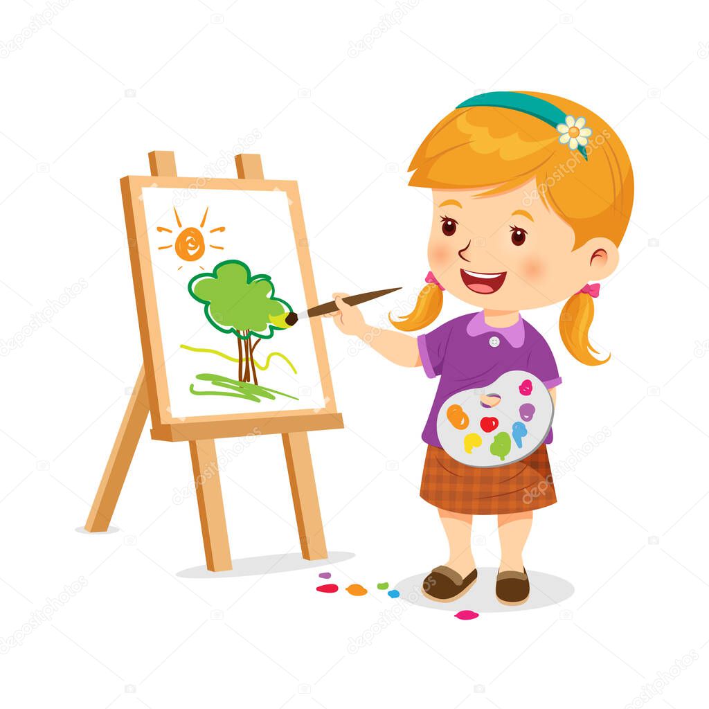 Cute little girl is happy making art. Vector illustration