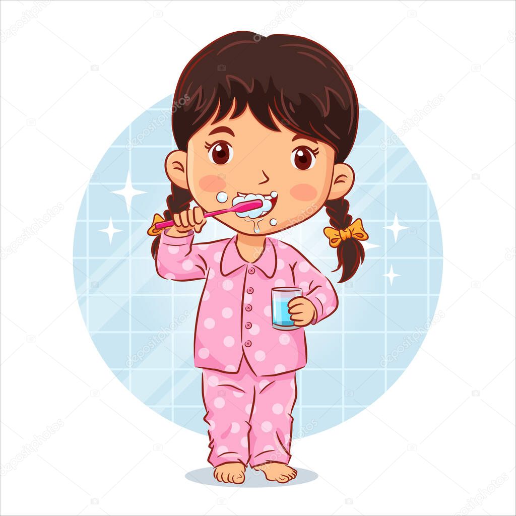 Little girl in a pyjamas stands brushing teeth and holds a glass of water in the bathroom. Vector illustration