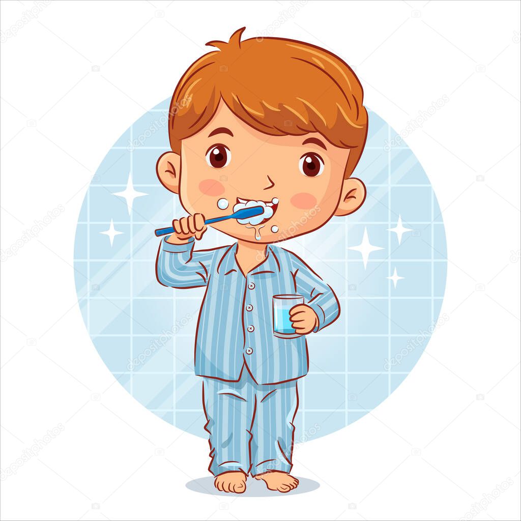 Little boy in a pyjamas stands brushing teeth and holds a glass of water in the bathroom. Vector illustration