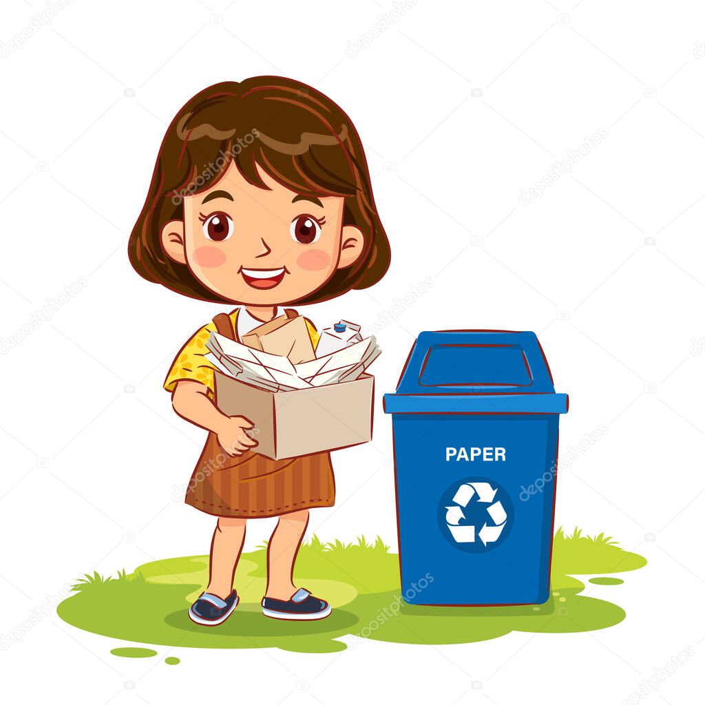 Cute girl holding a container with paper to the recycle bin. Environment concept. Eco friendly. Vector Illustration